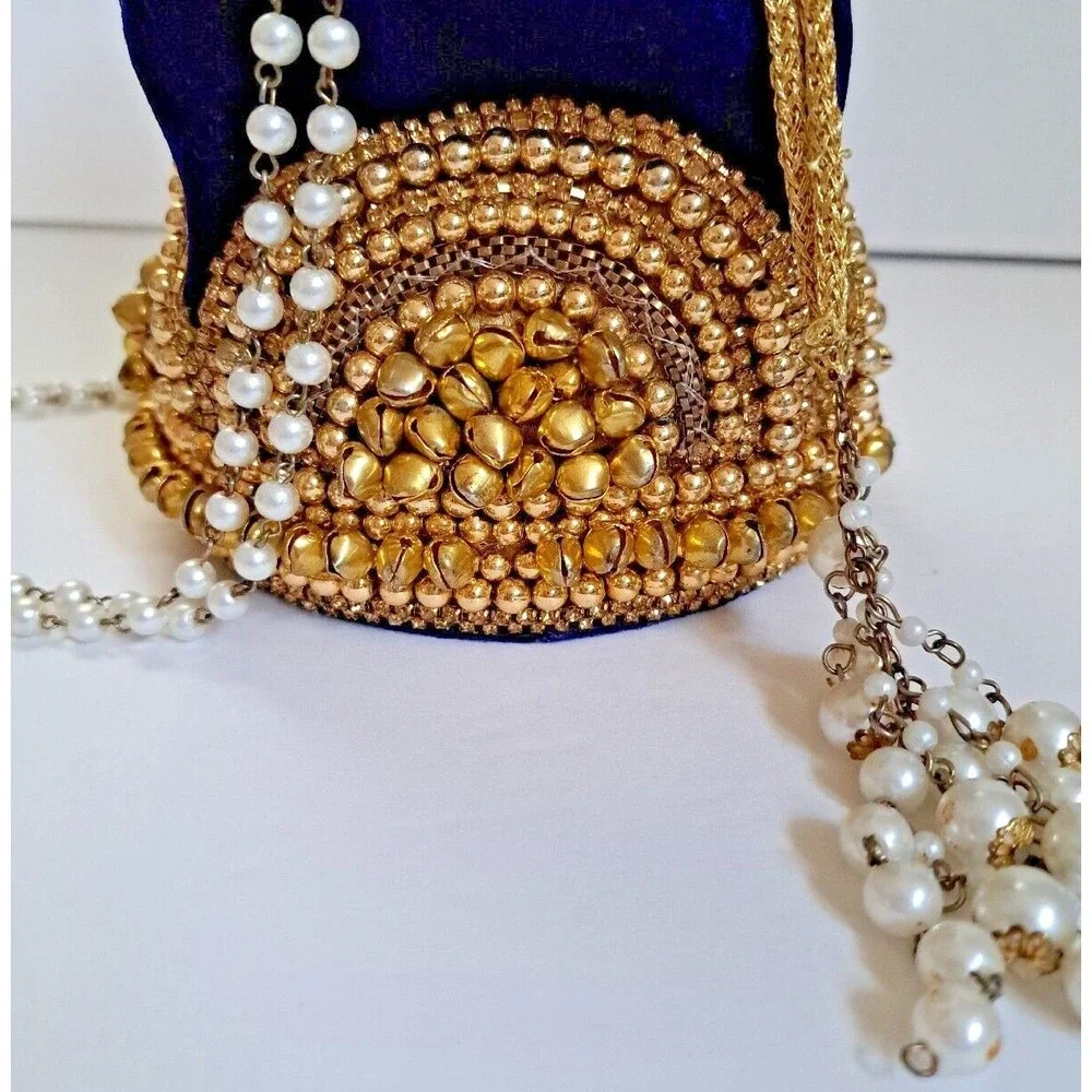 Royal Blue Velvet Potli Bag Gold Beadwork Pearl Handle Ethnic Wedding Clutch